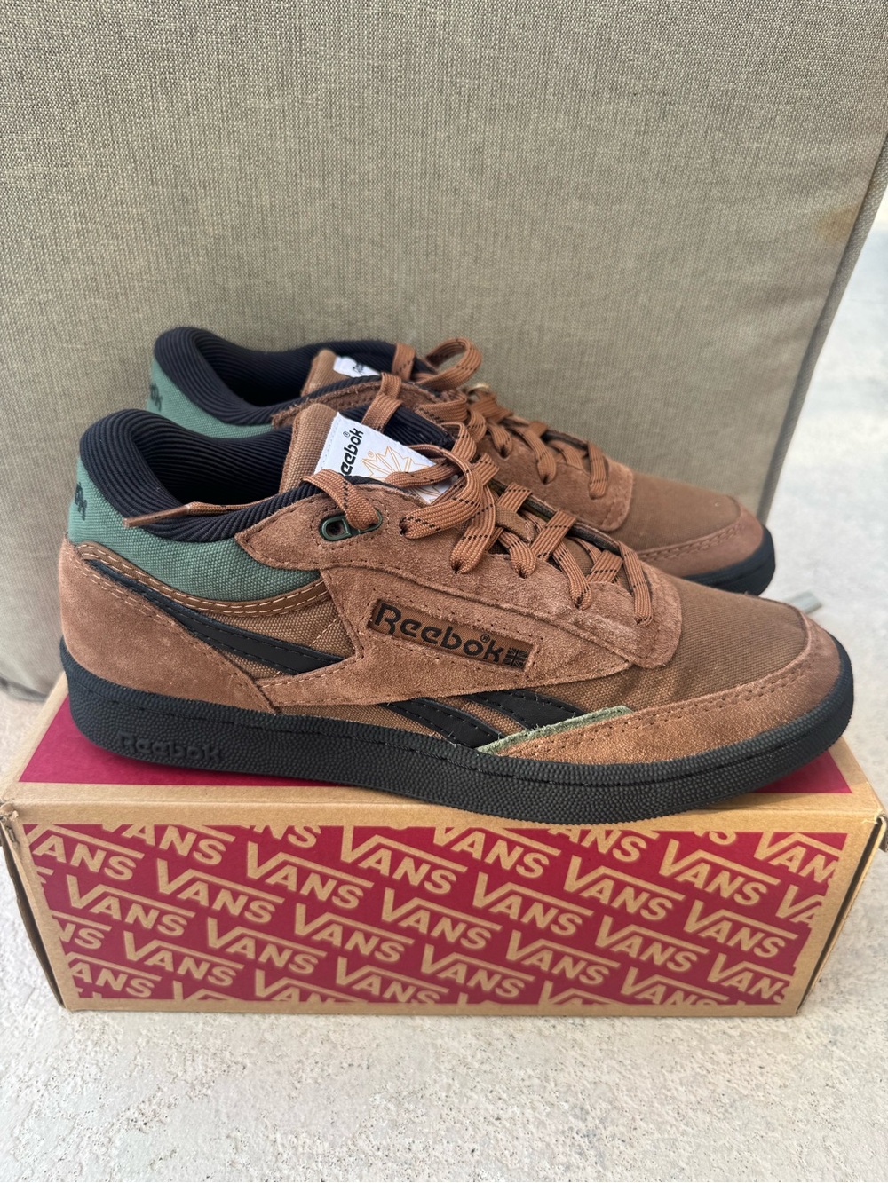 Reebok Low Top Suede Sneakers in Brown with Green Accent size 9